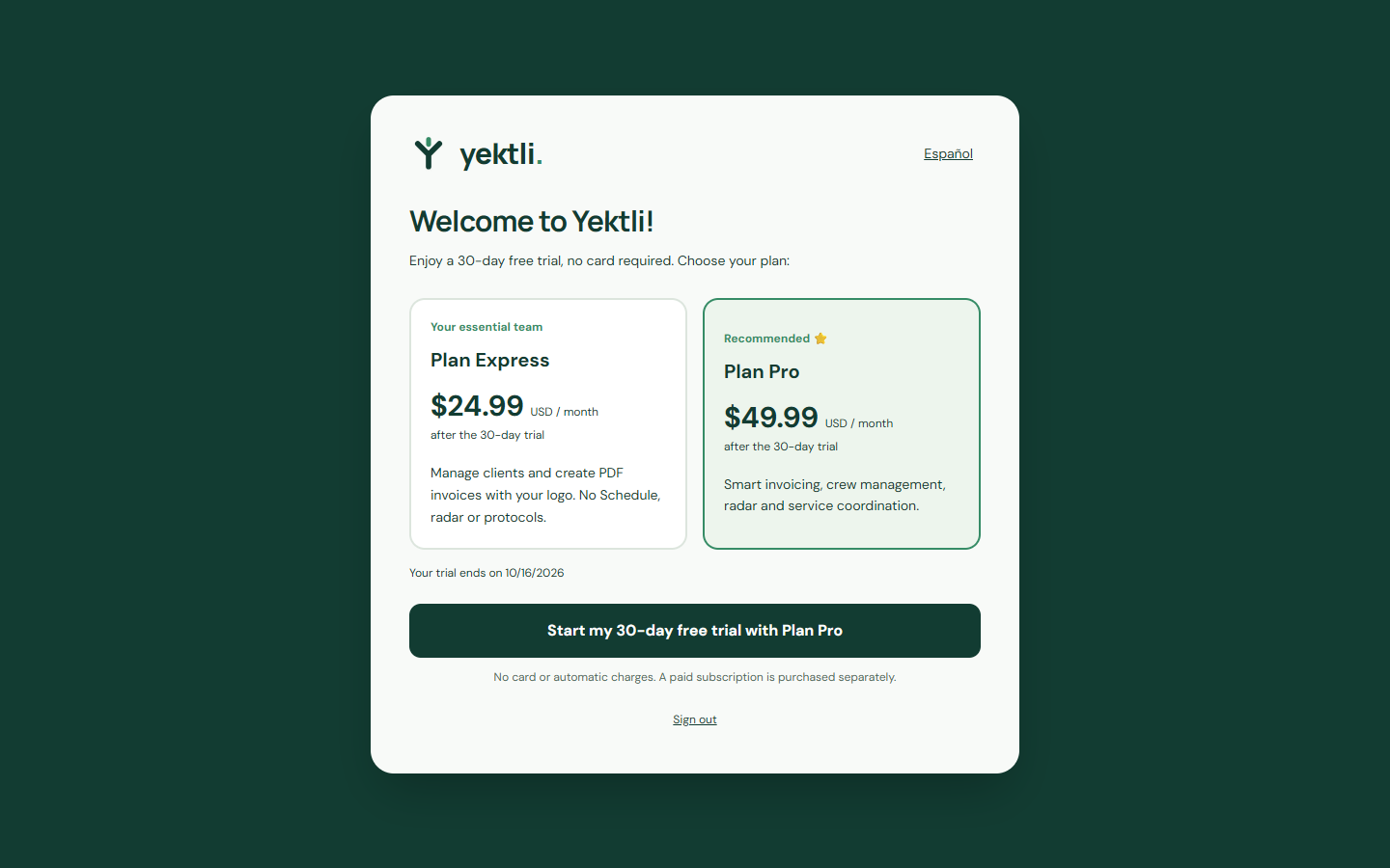 Choose your trial and plan — Yektli