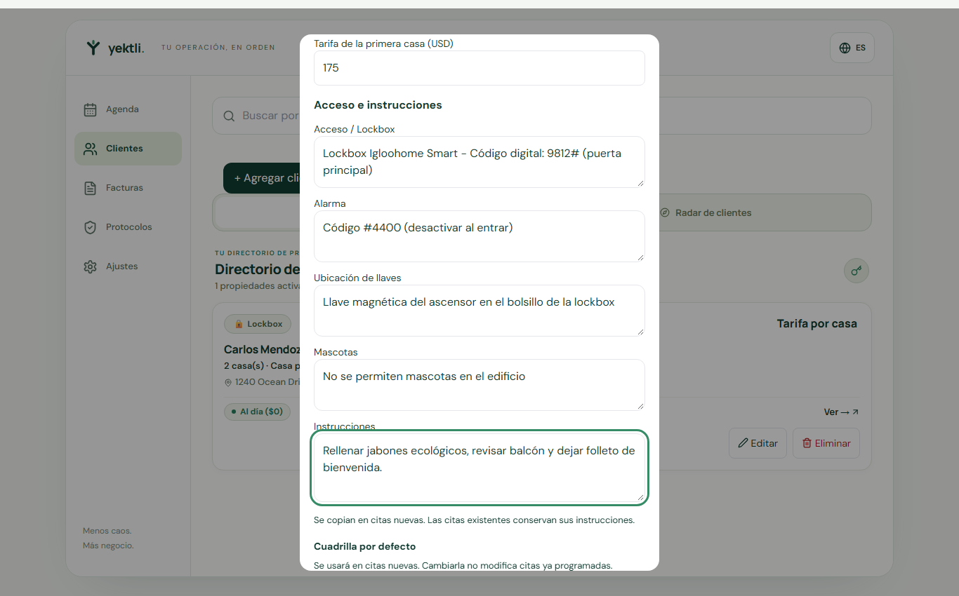Guardar acceso e instrucciones — Yektli
