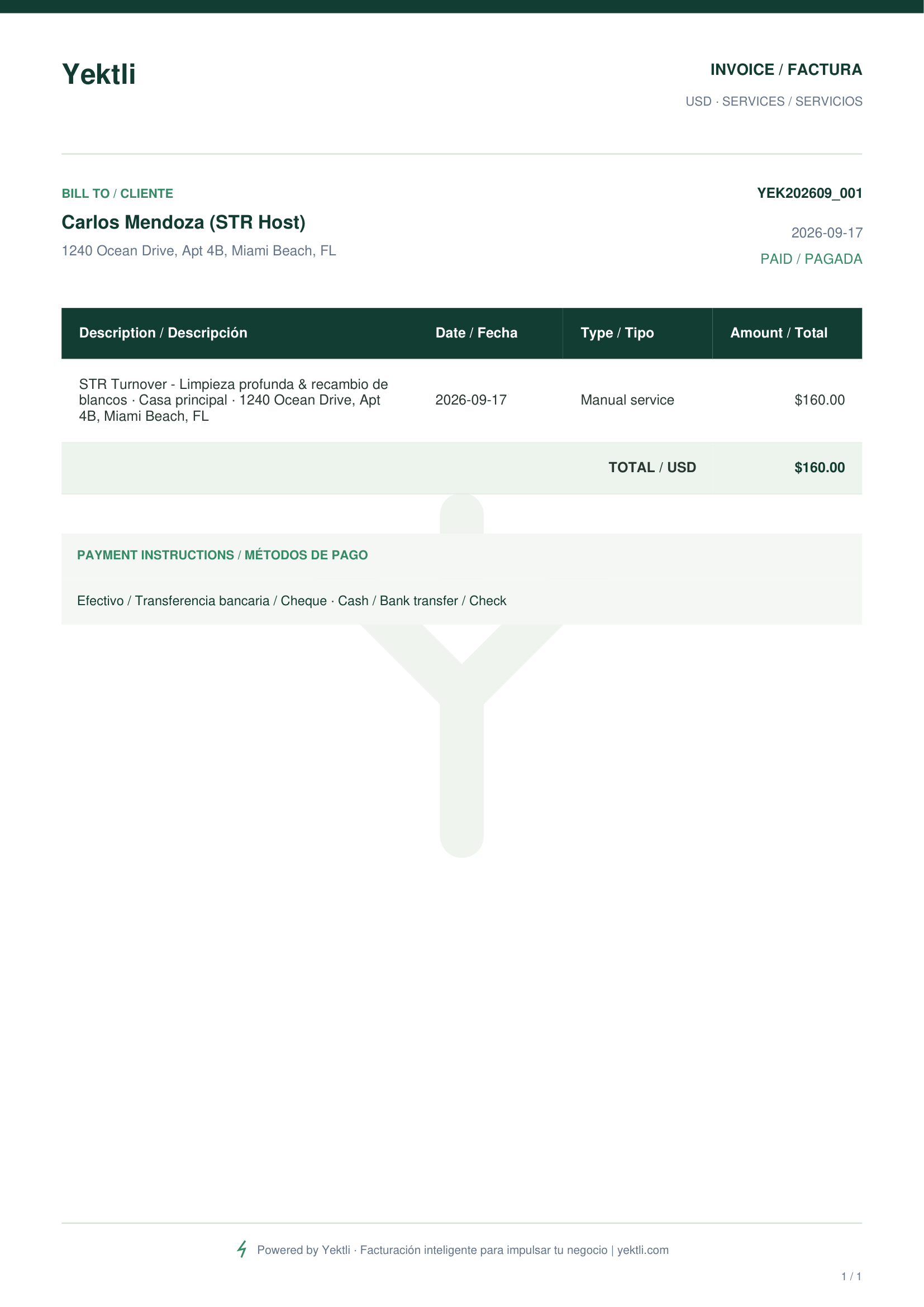 Share a PDF and record payment — Yektli