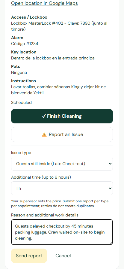 Report issues and approve extras — Yektli